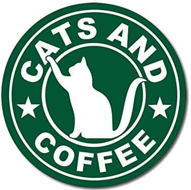 Round green magnetic sticker showing a funny cats and coffee logo kitty.