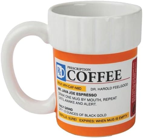 White porcelain 12-ounce mug with a prescription-style label graphic on a white background