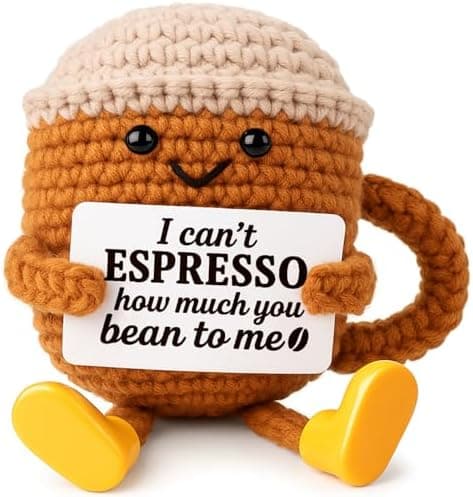 small crocheted espresso cup showing a visible uplifting message and playful espresso pun