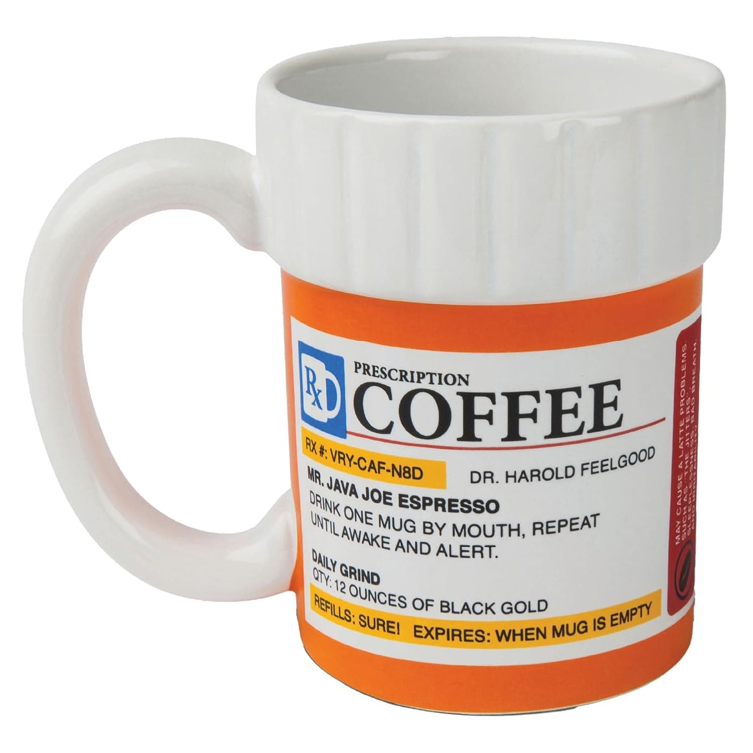Porcelain 12-ounce coffee mug styled like a prescription pill bottle with a printed prescription-style label