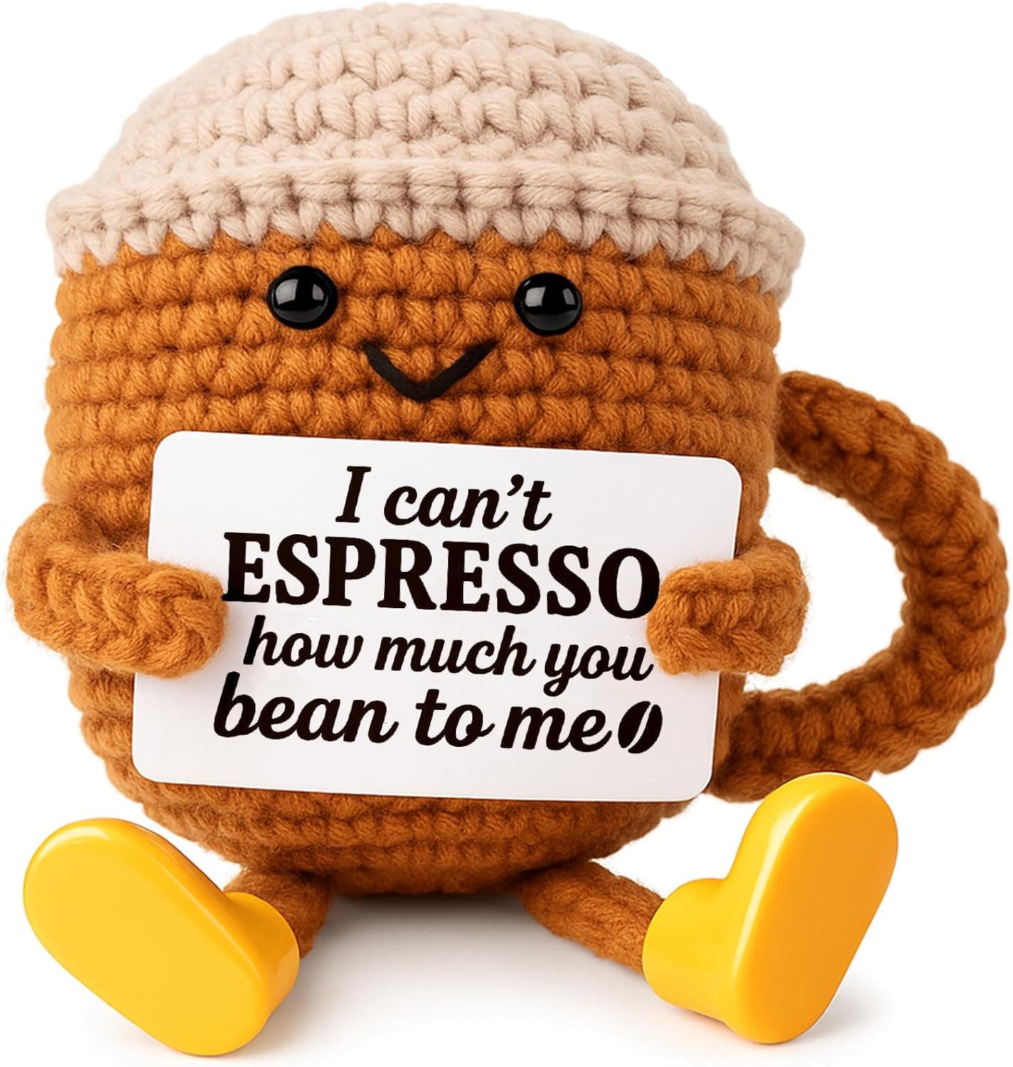 Small crochet-style espresso cup decorative ornament for desk or shelf.