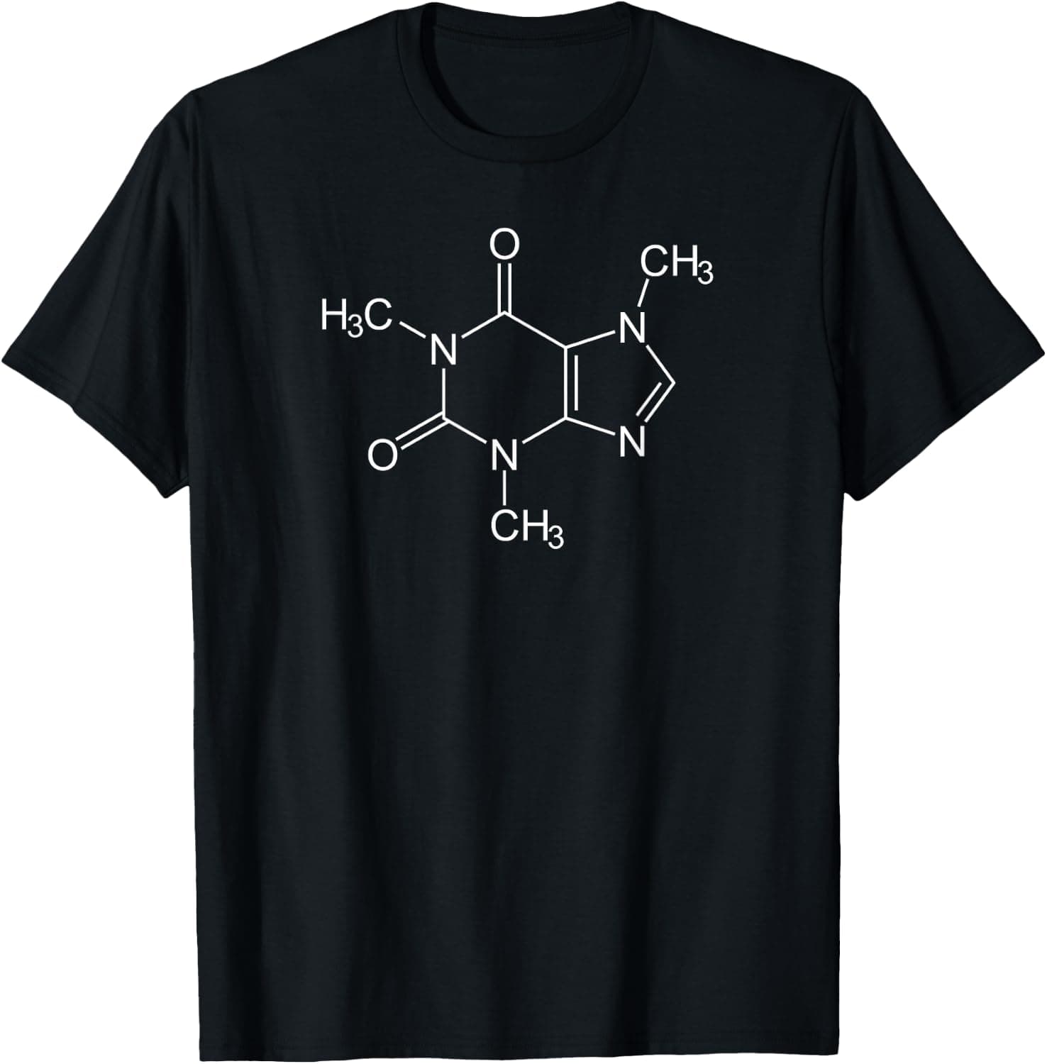 T-shirt with printed caffeine molecule formula C8H10N4O2 Coffee Science design on the chest.