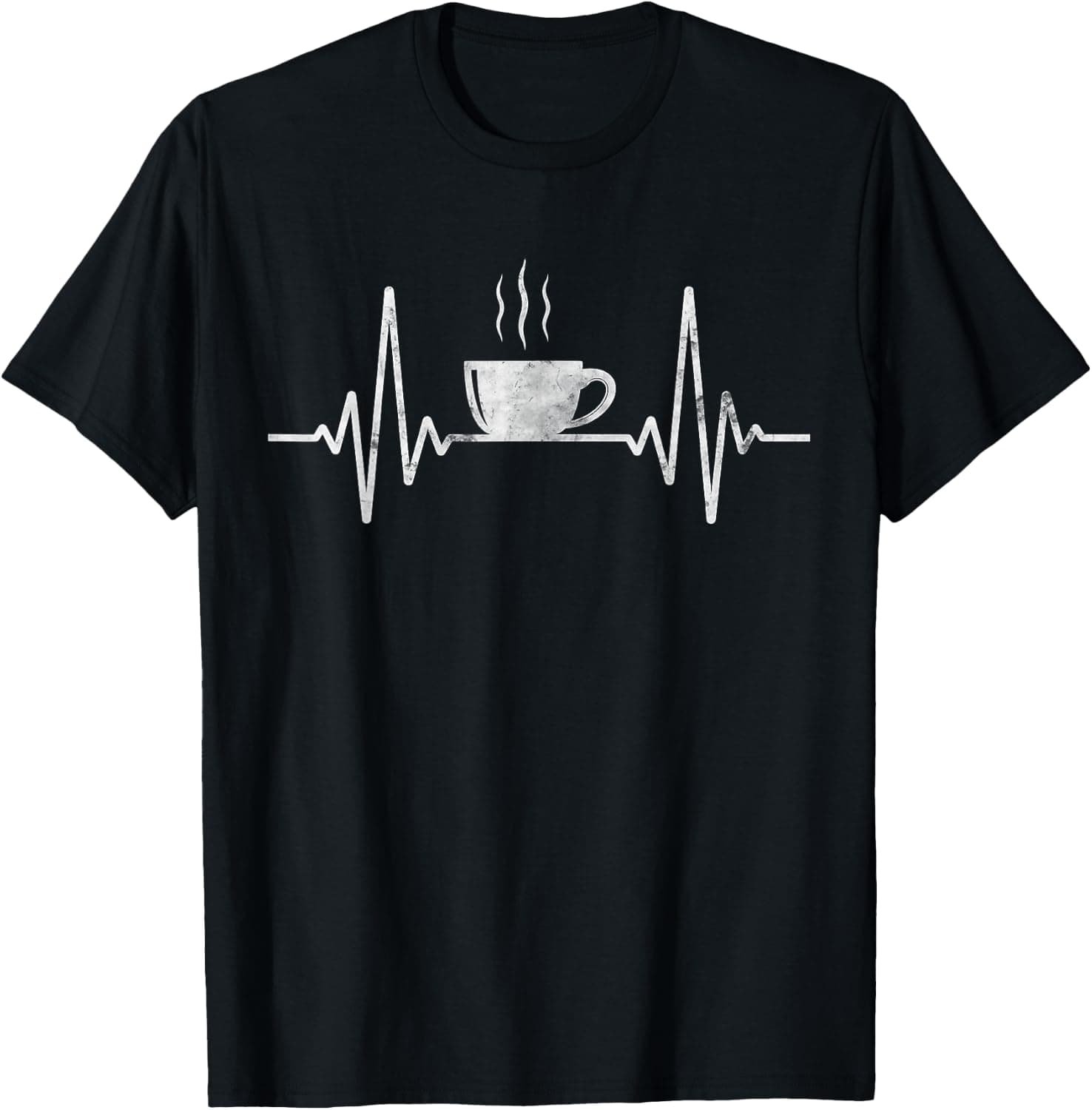 T-shirt with heartbeat graphic and coffee-drinking humor text.