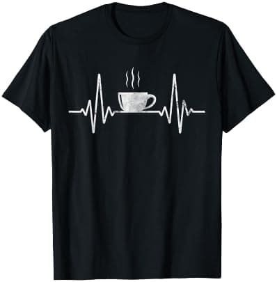 White T-shirt with heartbeat-style coffee graphic and humorous quote